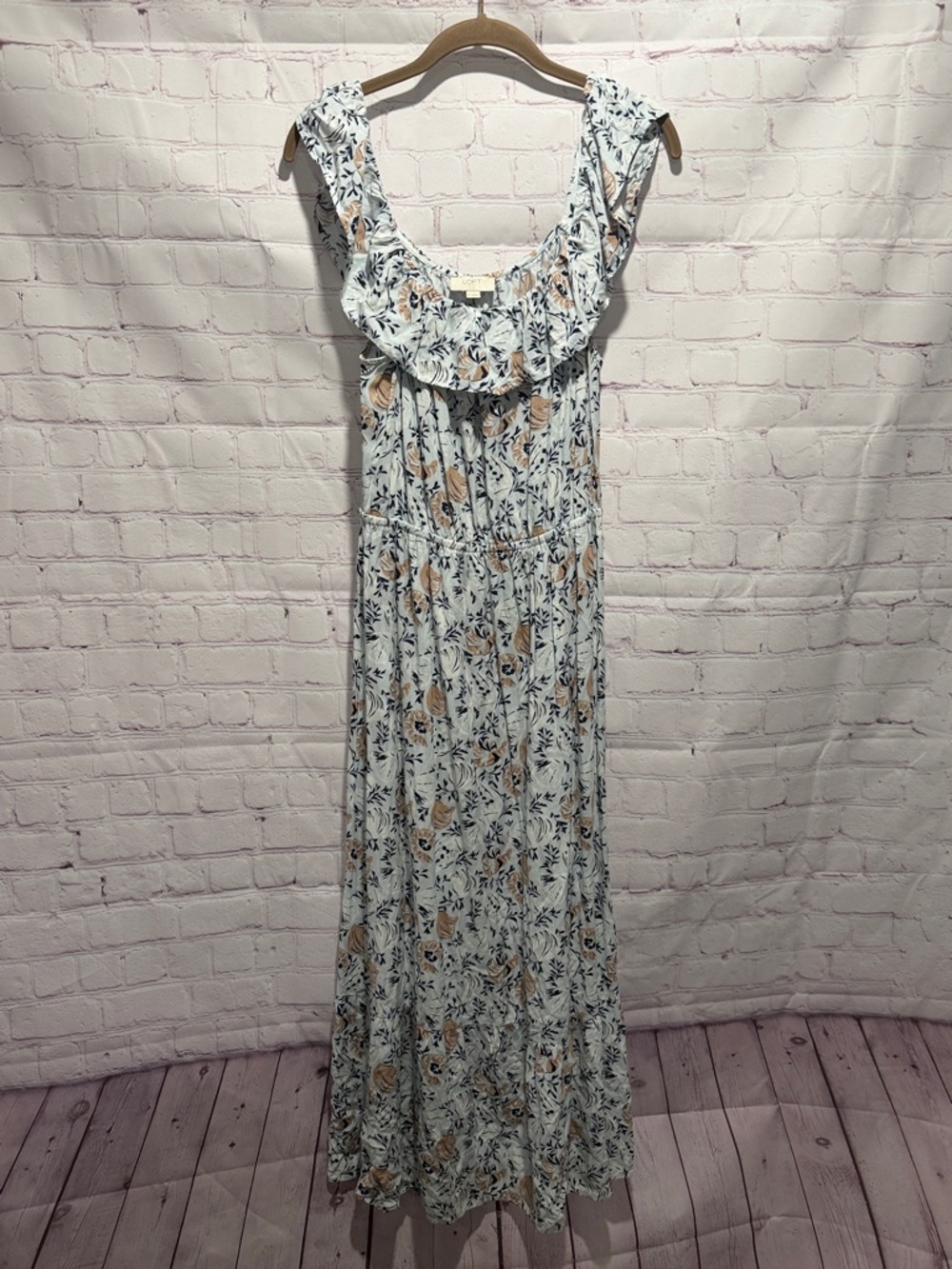 LOFT Light Blue Floral Ruffle Maxi Dress with Tan Accents Woman’s Size 12 Petite